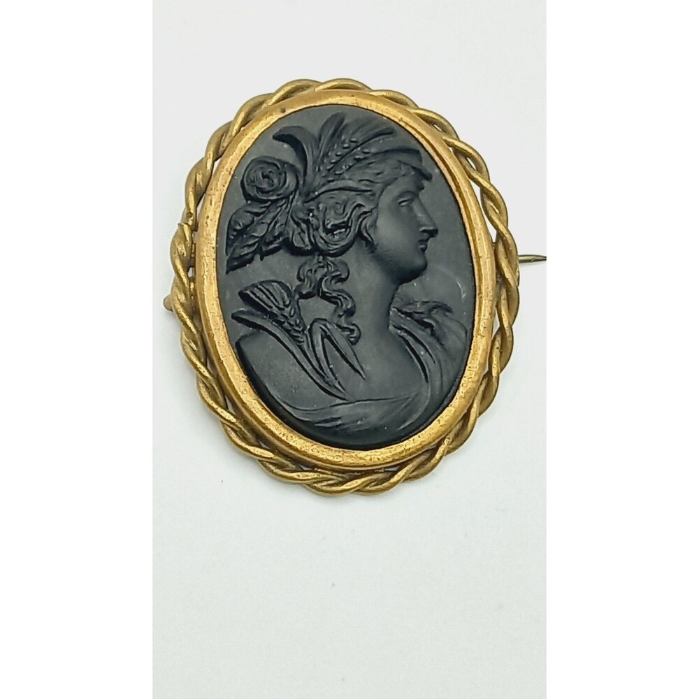 Antique Victorian Mourning Brooch - Black French Jet Glass Ceres Demeter Cameo